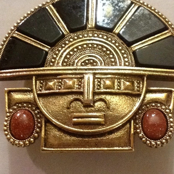 OOAK Retro XL Mayan Aztec Tribal Onyx Coral Stone Clip Earrings - Picture 3 of 8